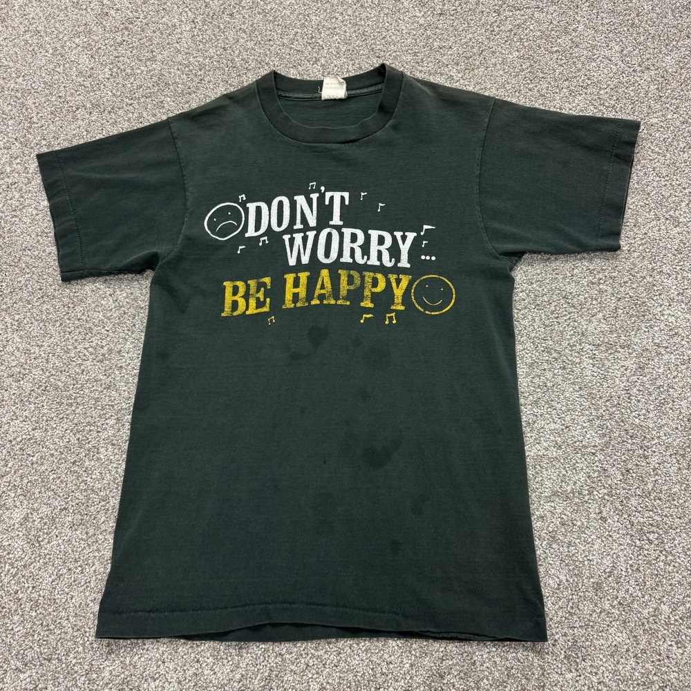 Vintage Fruit Of The Loom Shirt Mens M Green Don't Worry Be Happy Tee T-Shirt